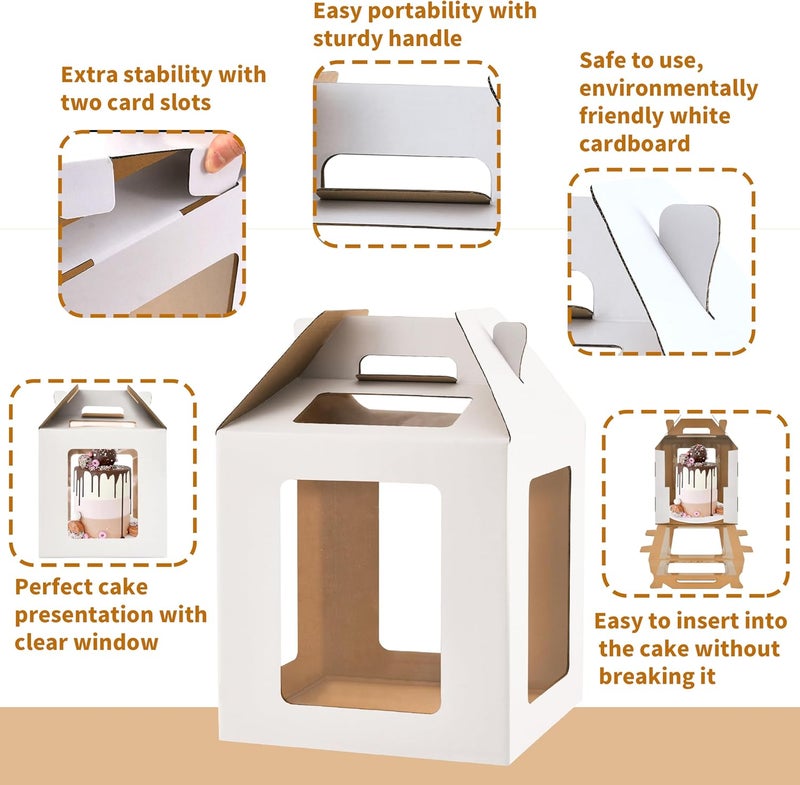 WINHPH Tall Cake Box with Windows, 10x10x10 inches, Handle, Transport Container for Tiered Cakes, White, 3 Pack - Image 3